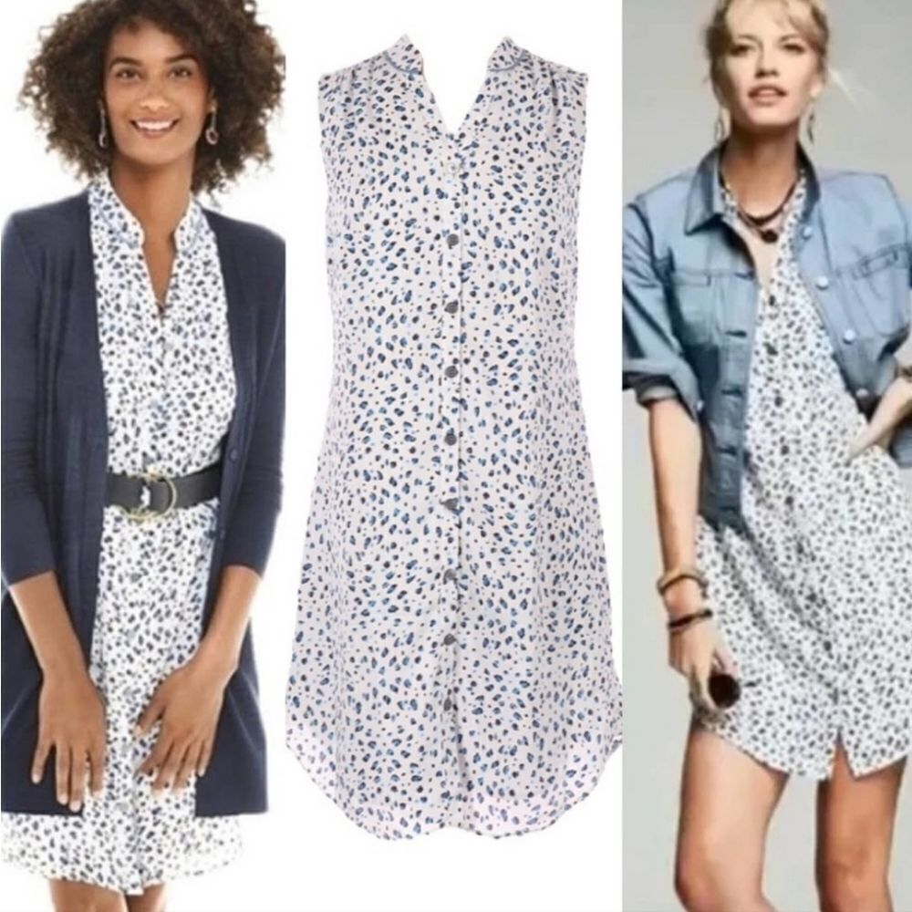 Cabi White, Blue, & Brown Leopard Print Button Down Sleeveless Dress (XS)